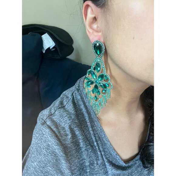 Big Green Crystal earrings large rhinestone emerald dark green pine green huge - Picture 6 of 6